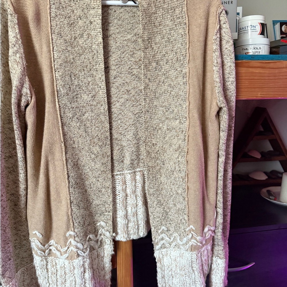 BKE Tan and Cream Cardigan with Lace Trim